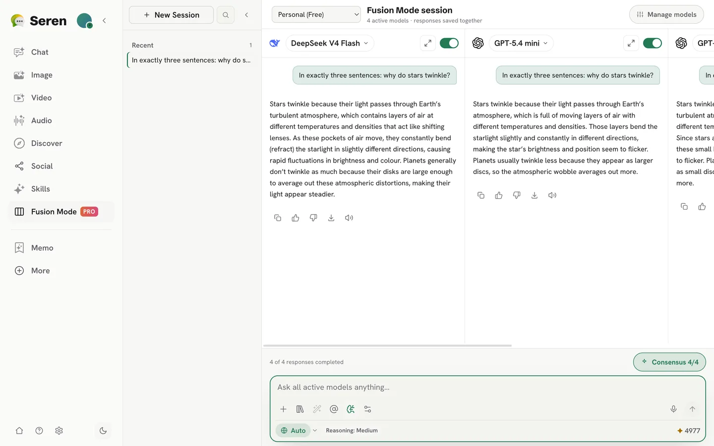 A Fusion Mode session: one prompt answered side by side by DeepSeek, GPT and Gemini, with the Consensus button ready