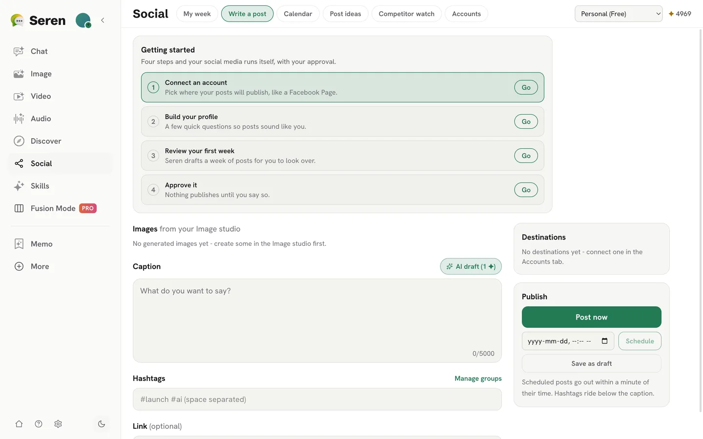 The Social Suite compose screen with getting-started steps, a caption editor, hashtags and publish scheduling